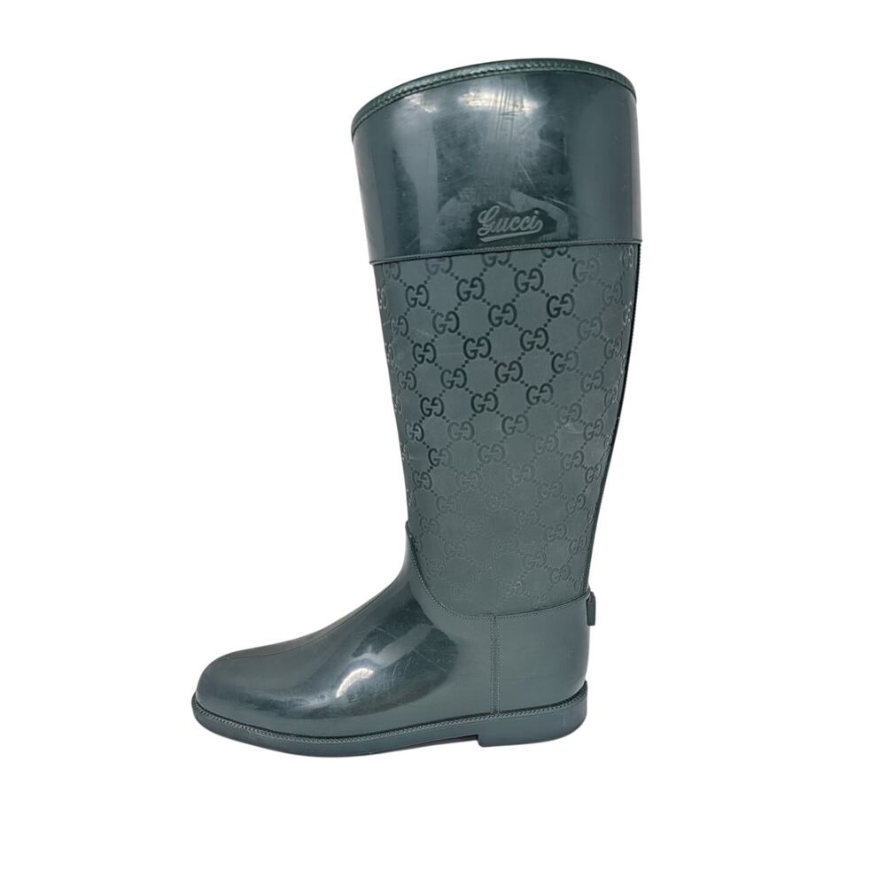 Gucci GG Monogram Green Rubber Tall Rain Boots Size 40
